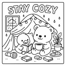 Desenho para Colorir Cozy Friends: Ursinho e Passarinho no Cantinho Stay Cozy