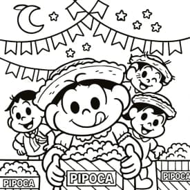 Desenho de Crianças Dançando em Volta da Fogueira na Festa Junina Desenho de Crianças Comendo Pipoca na Festa Junina