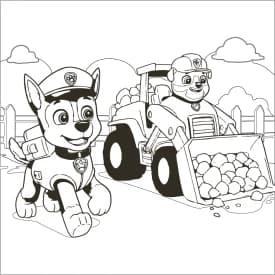Desenho da Patrulha Canina para Colorir - Ryder e a Equipe em Ação Desenho da Patrulha Canina com Chase e Veículo de Construção para Colorir
