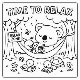 Desenho para Colorir Cozy Friends: Piquenique com Coelhinho e Esquilo em um Good Day Desenho para Colorir Cozy Friends: Coala e Amigos na Relax Zone