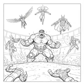 Hulk vs Venom no Beco para Colorir Hulk na Arena contra Vários Heróis para Colorir