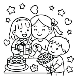 Celebração do Dia das Mães com Presentes e Flores - Desenho para Colorir