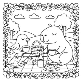 Capivara e Passarinho em Piquenique Florido
