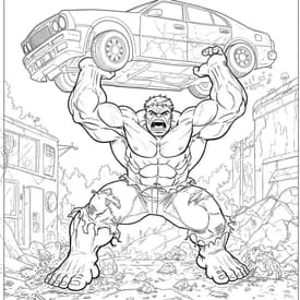 Desenho do Hulk Levantando o Carro com Fúria para Colorir