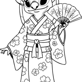 Desenho para Colorir da Lilo e Stitch de Mãos Dadas com Expressão Curiosa Desenho para Colorir da Angel — Experimento Rosa de Lilo e Stitch com Kimono