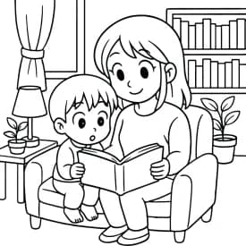 Dia das Mães - Mãe e Filho Lendo Juntos para Colorir