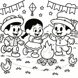 Crianças Vestidas de Caipira na Festa Junina – Desenho para Colorir Desenho de Crianças Dançando em Volta da Fogueira na Festa Junina