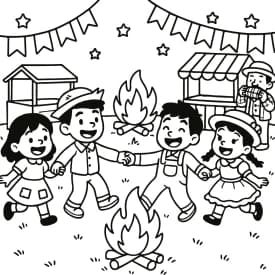 Desenho de Quadrilha Junina em Volta da Fogueira