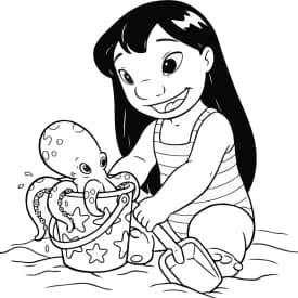Desenho para Colorir do Stitch Relaxando com Óculos de Sol Desenho para Colorir da Lilo Brincando na Areia com Polvo