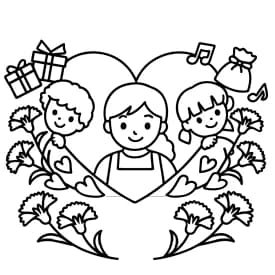 Mãe e Filhos com Corações e Flores - Desenho para Colorir