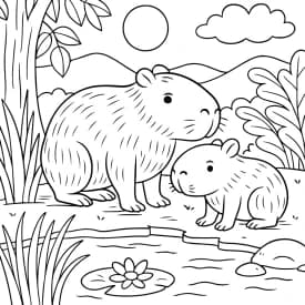 Capivaras na Beira da Lagoa para Colorir