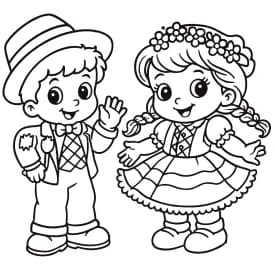 Desenho de Casal Dançando Quadrilha sob o Céu Estrelado na Festa Junina Crianças Vestidas de Caipira na Festa Junina – Desenho para Colorir