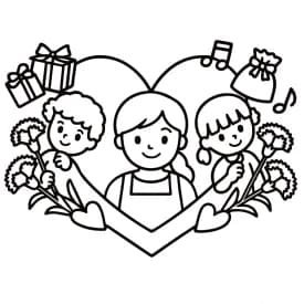 Mãe e Filhos com Presentes e Flores - Desenho para Colorir