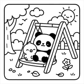 Desenho para Colorir Cozy Friends: Panda e Pintinho no Balanço