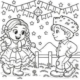 Crianças Dançando Quadrilha na Festa Junina – Desenho para Colorir