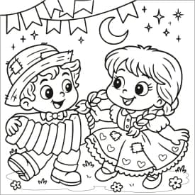Crianças Vestidas de Caipira na Festa Junina – Desenho para Colorir Desenho de Casal Dançando ao Som da Sanfona na Festa Junina