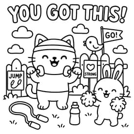 Desenho para Colorir Cozy Friends: Panda e Raposa Fazendo Biscoitos Desenho para Colorir Cozy Friends: Gatinho Fitness com Mensagem You Got This!