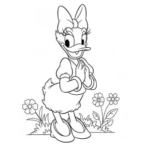 Mickey Mouse Desenhando para Colorir Daisy Duck em pé com flores, desenho em preto e branco para colorir.