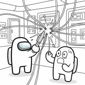 Desenho de Among Us com Dois Tripulantes para Colorir e Imprimir dois tripulantes de Among Us no interior da nave – desenho para colorir
