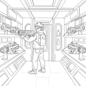 Desenho de Among Us com Dois Tripulantes para Colorir e Imprimir dois tripulantes de Among Us no interior da nave – desenho para colorir