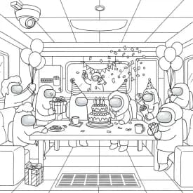 Desenho de Among Us com Dois Tripulantes para Colorir e Imprimir dois tripulantes de Among Us no interior da nave – desenho para colorir