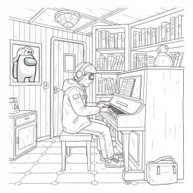 Desenho de Among Us com Dois Tripulantes para Colorir e Imprimir dois tripulantes de Among Us no interior da nave – desenho para colorir