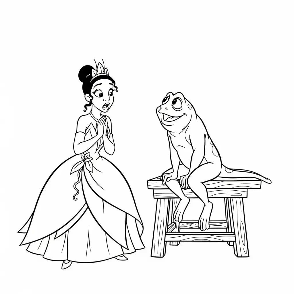 Desenho para colorir de A Princesa e o Sapo com cena encantada