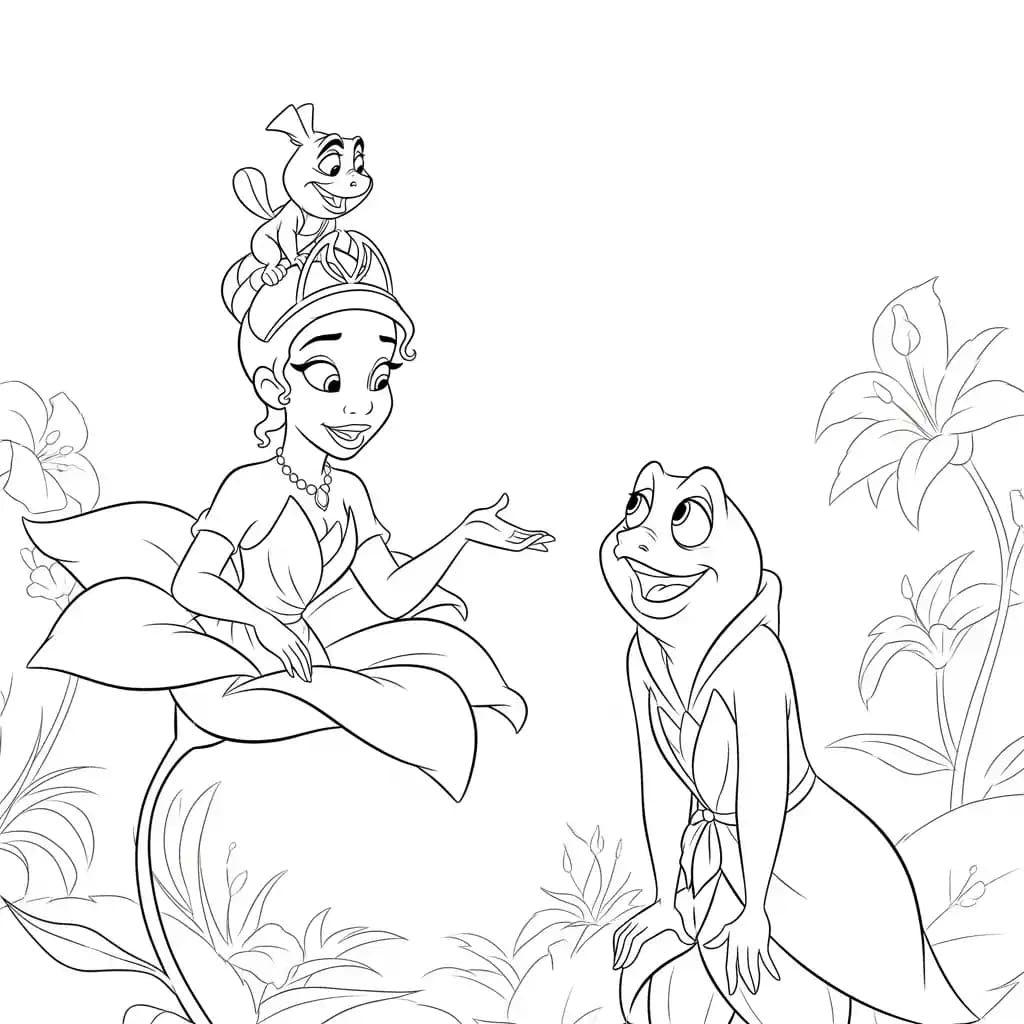Desenho para colorir de A Princesa e o Sapo com cena encantada