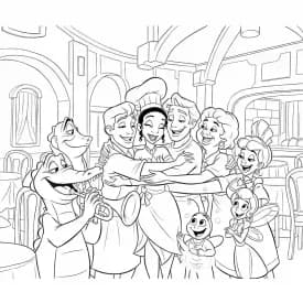 Desenho para colorir de A Princesa e o Sapo com cena encantada