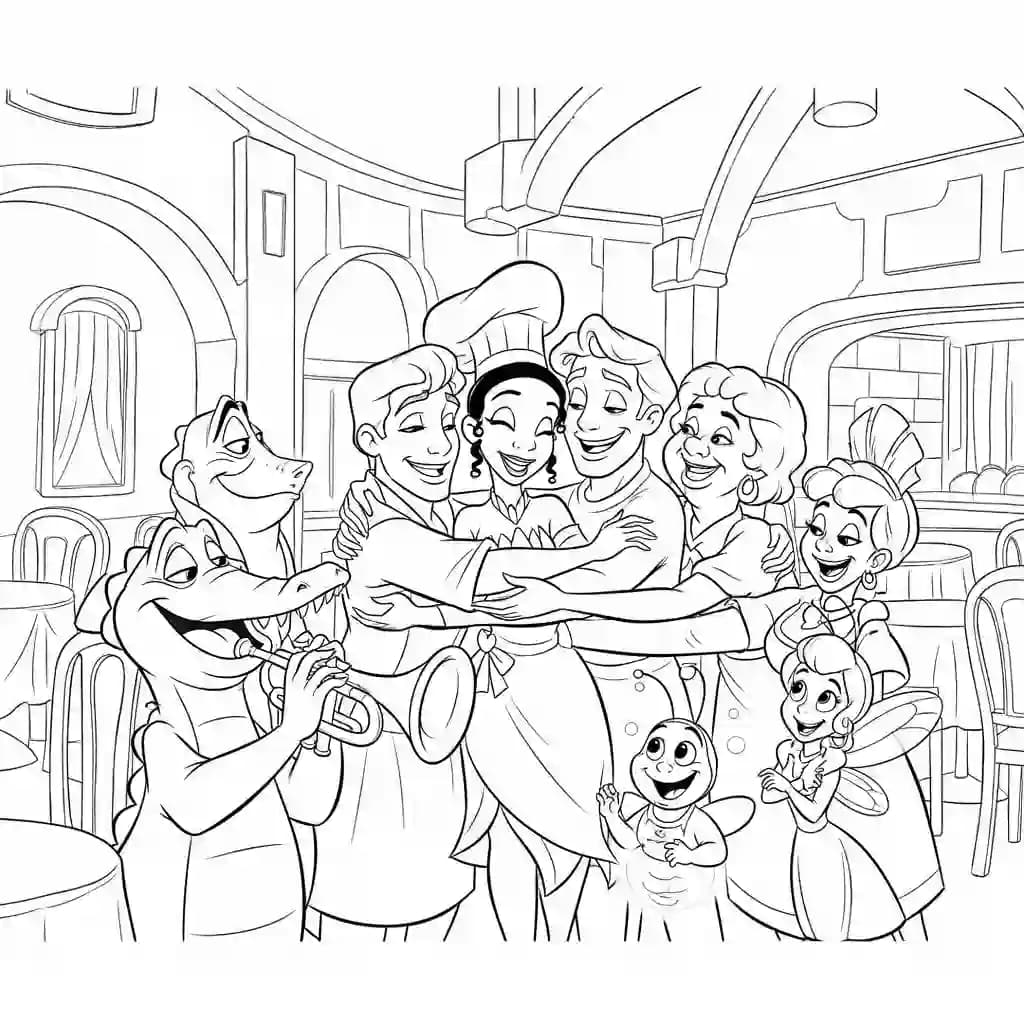 Desenho para colorir de A Princesa e o Sapo com cena encantada