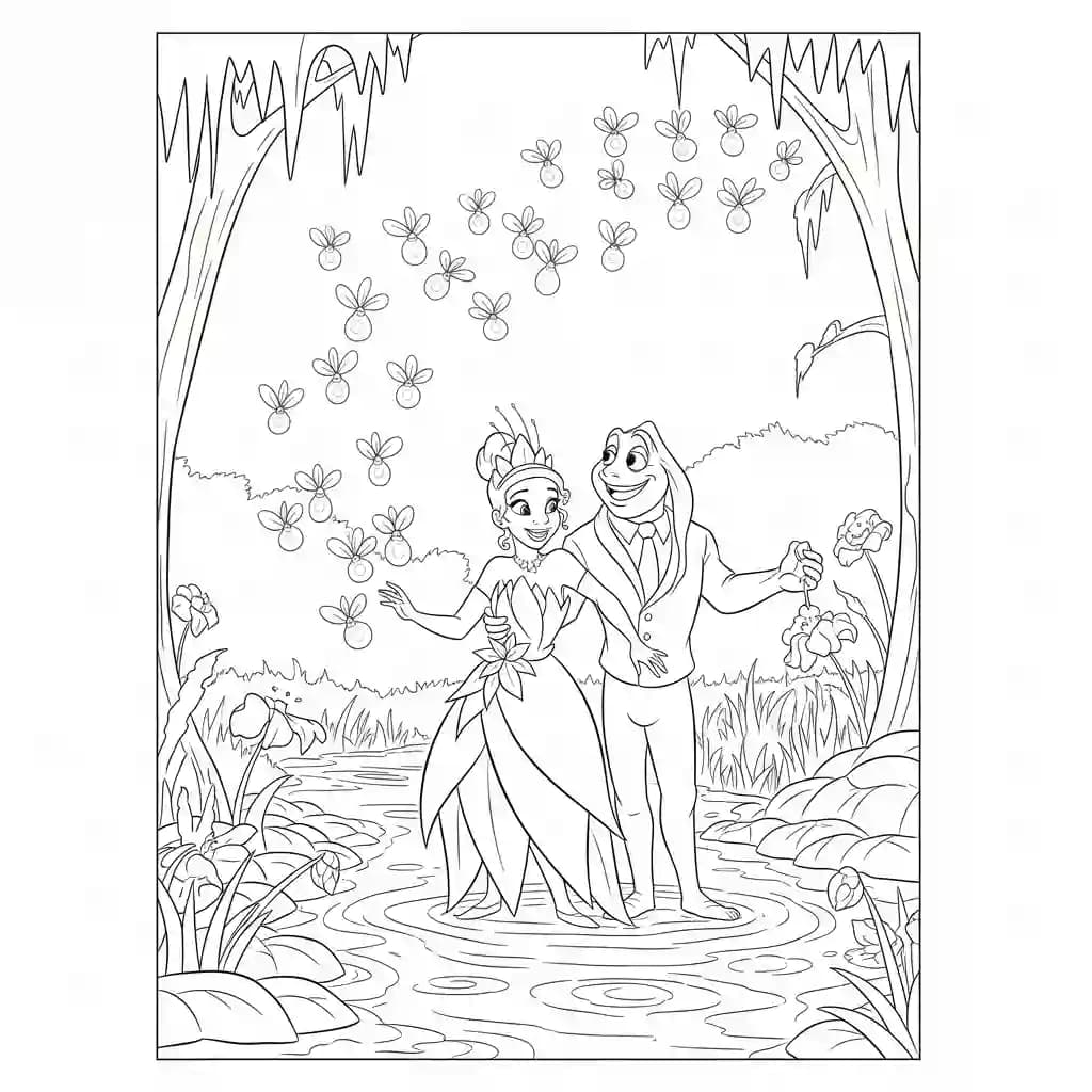 Desenho para colorir de A Princesa e o Sapo com cena encantada