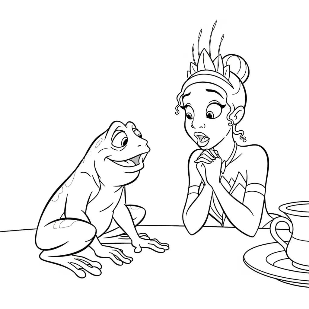 Desenho para colorir de A Princesa e o Sapo com cena encantada