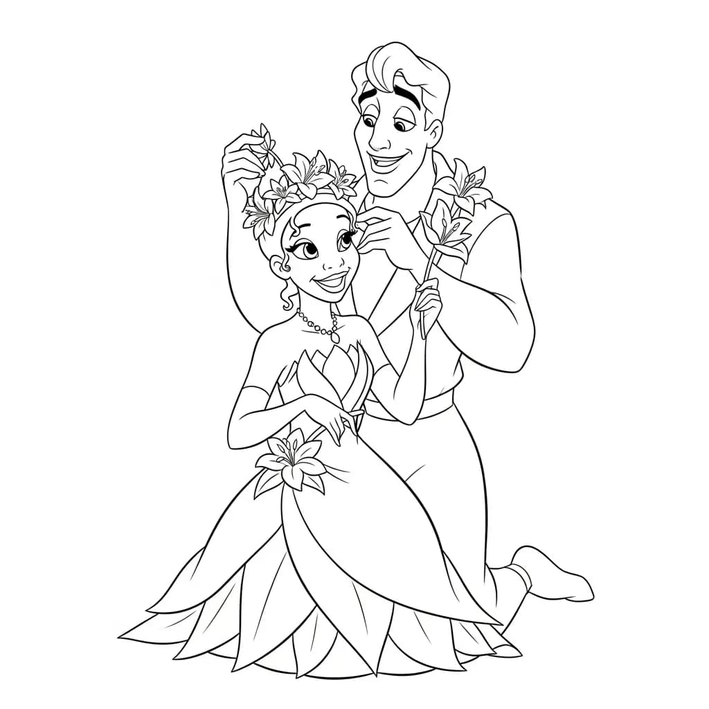Desenho para colorir de A Princesa e o Sapo com cena encantada