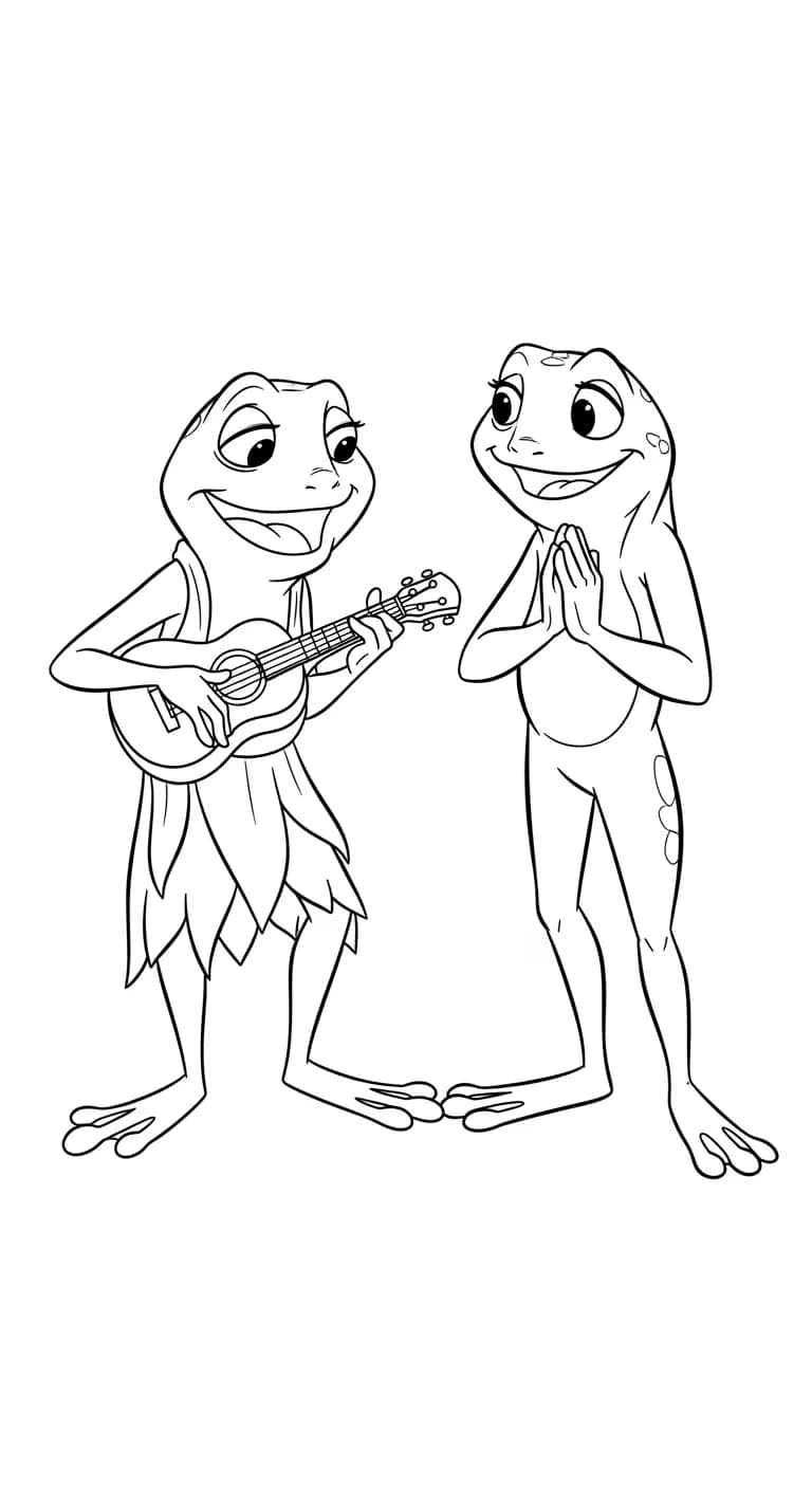 Desenho para colorir de A Princesa e o Sapo com cena encantada