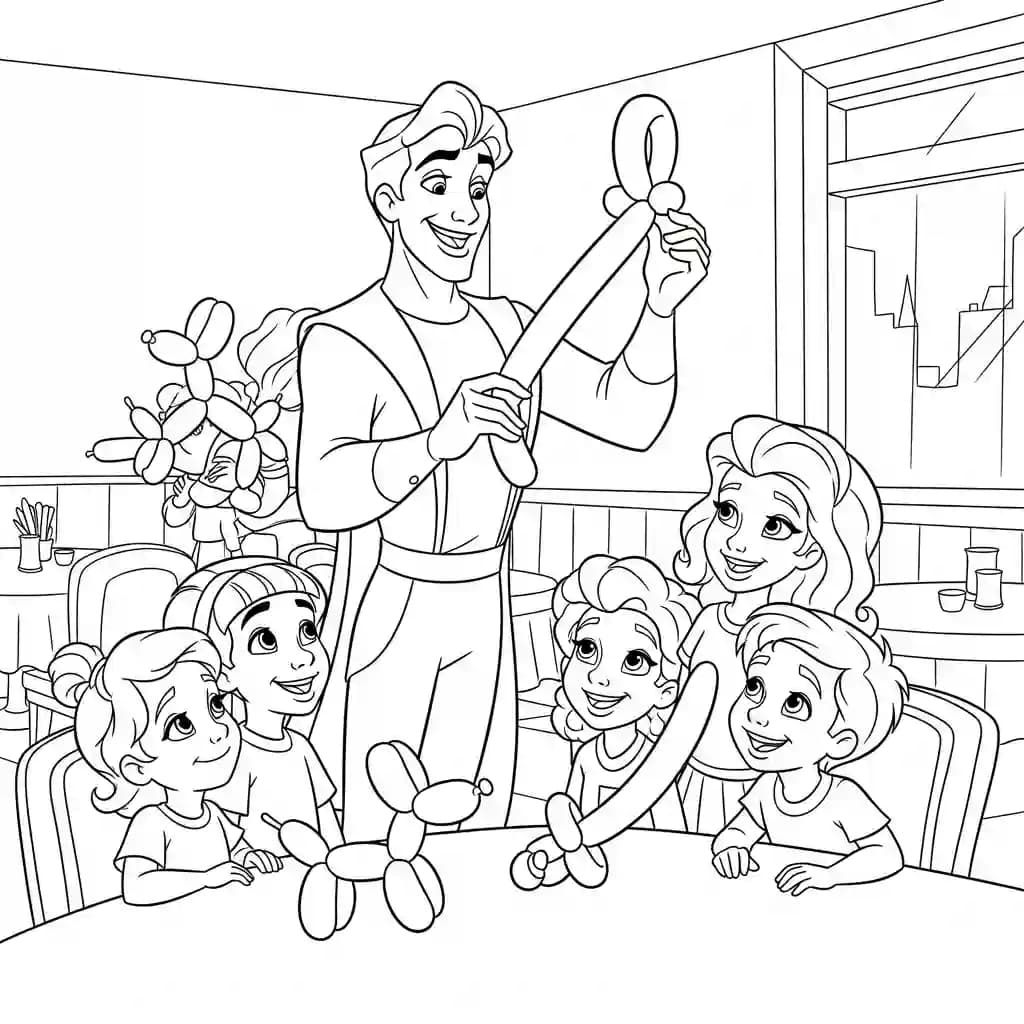 Desenho para colorir de A Princesa e o Sapo com cena encantada
