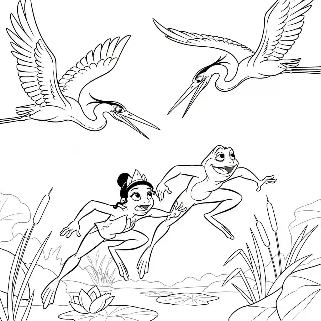 Desenho para colorir de A Princesa e o Sapo com cena encantada