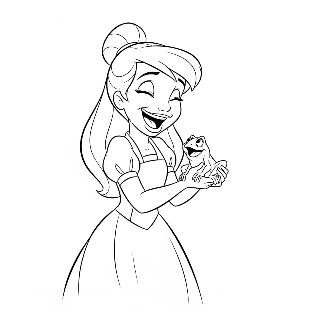 Desenho para colorir de A Princesa e o Sapo com cena encantada
