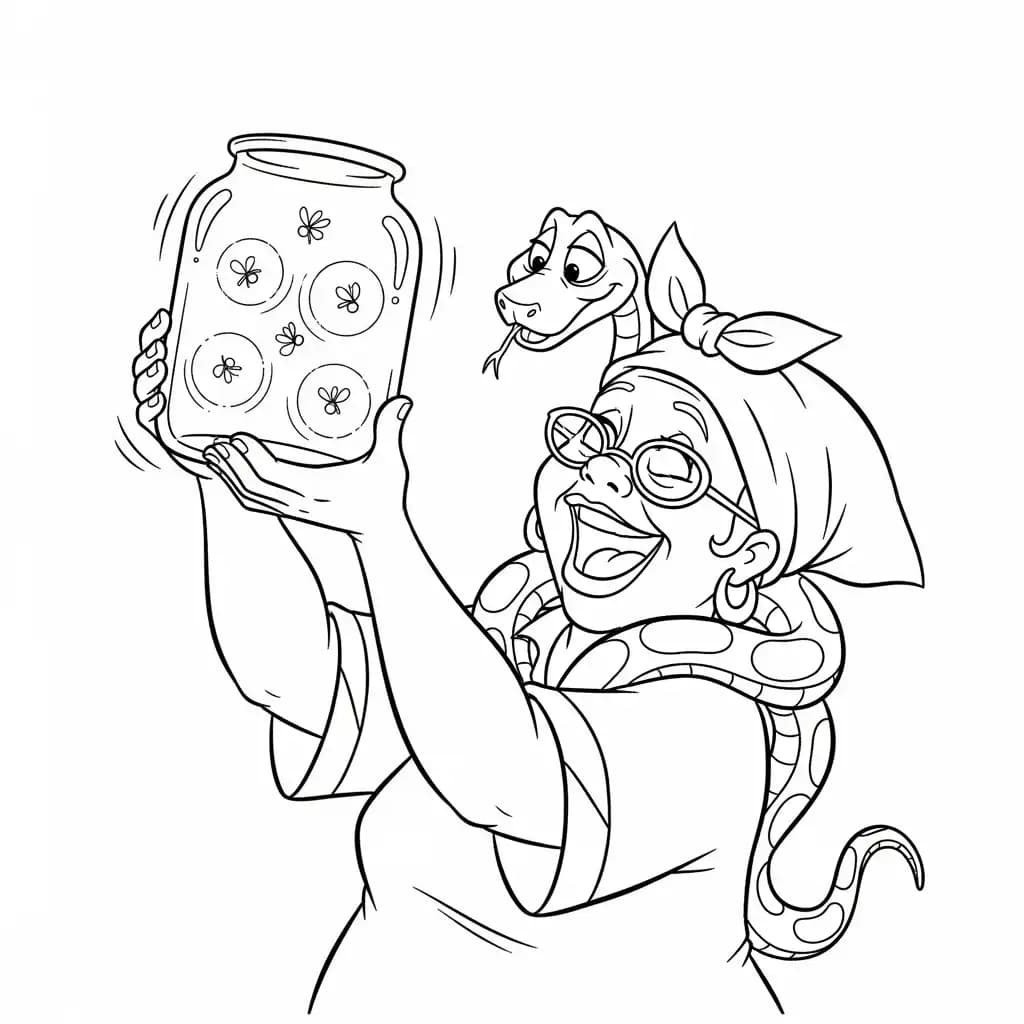 Desenho para colorir de A Princesa e o Sapo com cena encantada