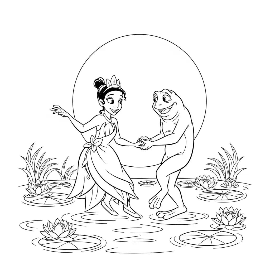 Desenho para colorir de A Princesa e o Sapo com cena encantada