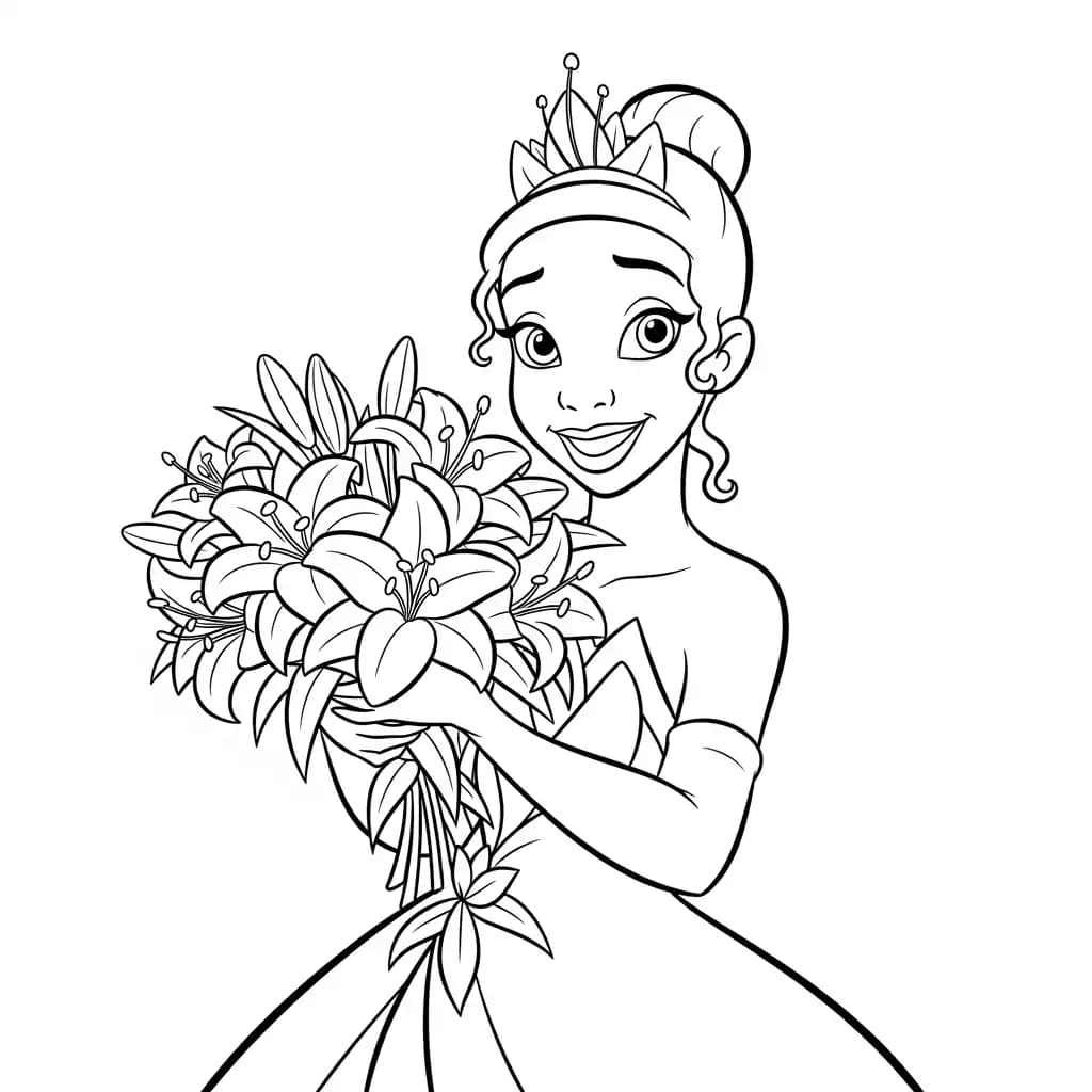 Desenho para colorir de A Princesa e o Sapo com cena encantada