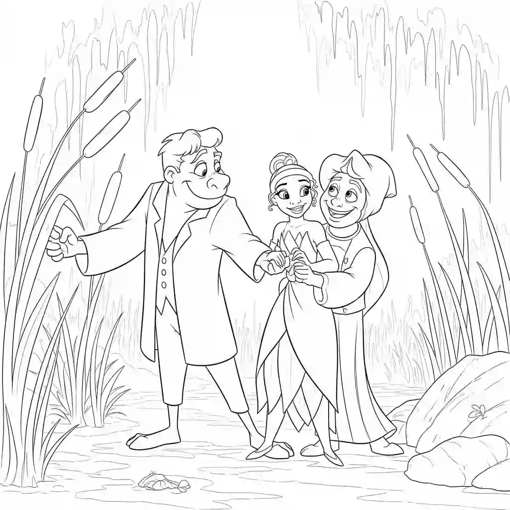 Desenho para colorir de A Princesa e o Sapo com cena encantada