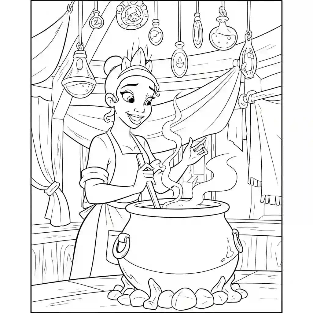Desenho para colorir de A Princesa e o Sapo com cena encantada