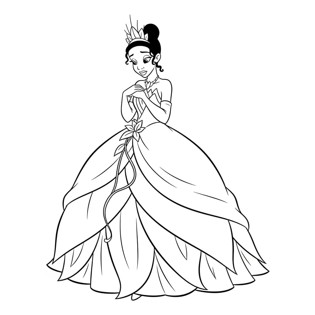 Desenho para colorir de A Princesa e o Sapo com cena encantada