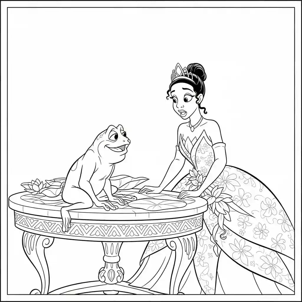Desenho para colorir de A Princesa e o Sapo com cena encantada