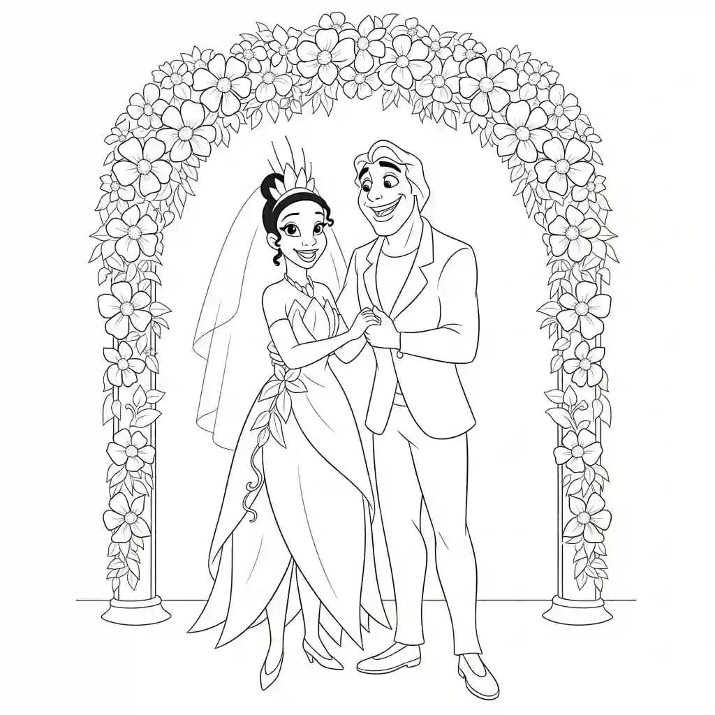 Desenho para colorir de A Princesa e o Sapo com cena encantada