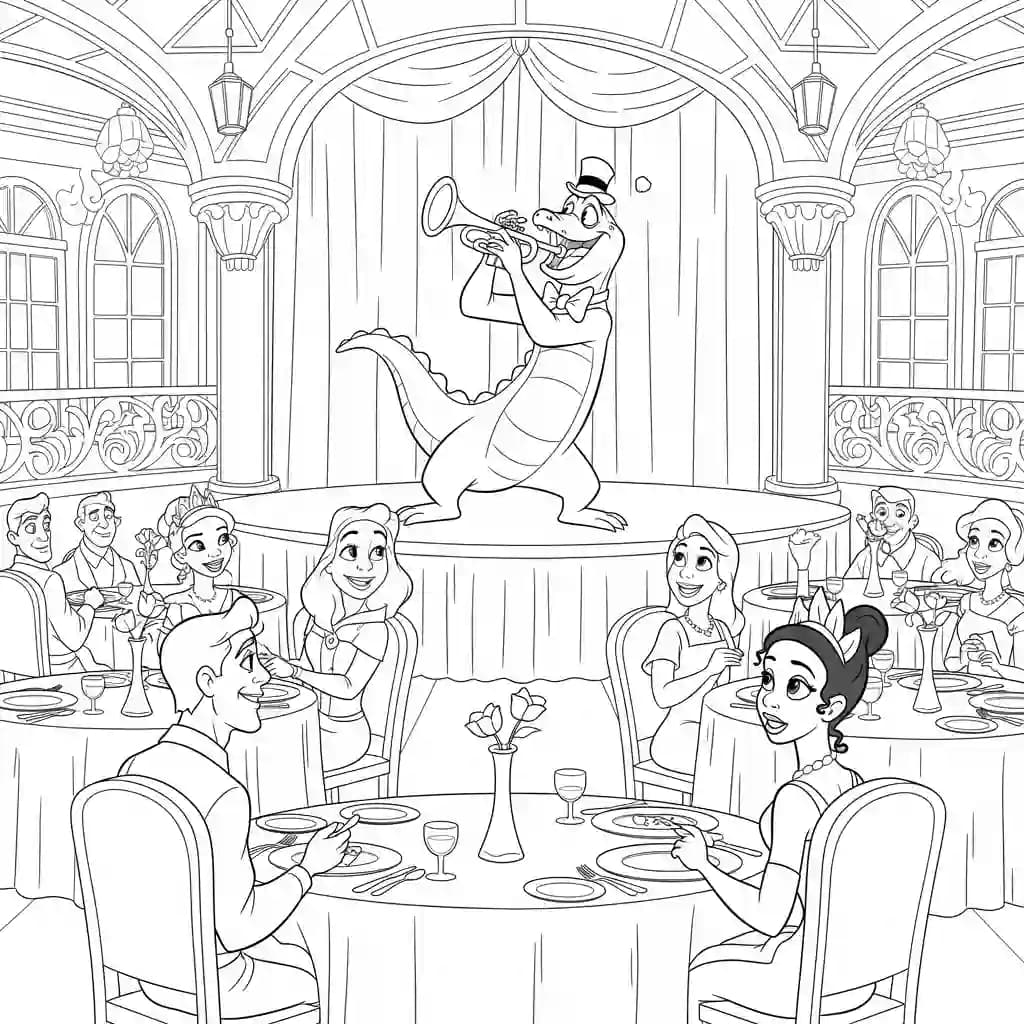 Desenho para colorir de A Princesa e o Sapo com cena encantada