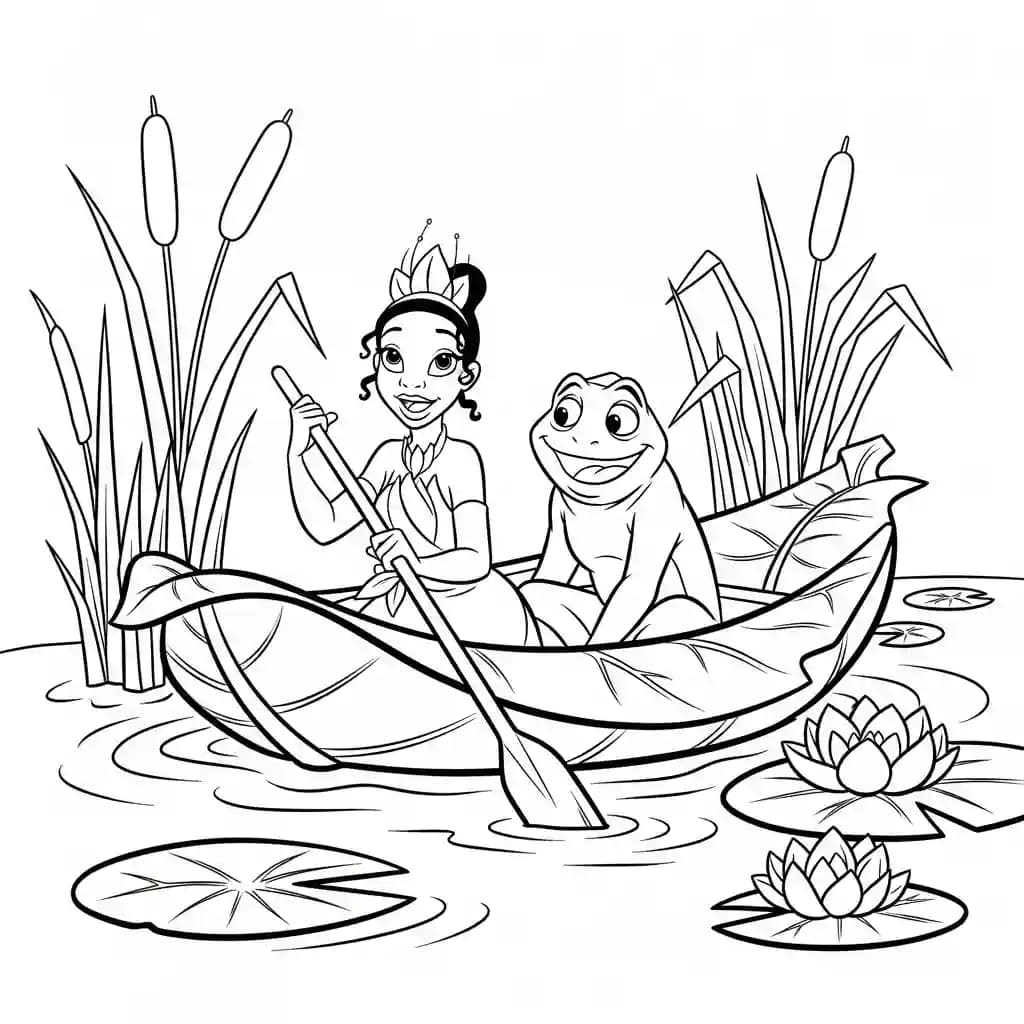 Desenho para colorir de A Princesa e o Sapo com cena encantada