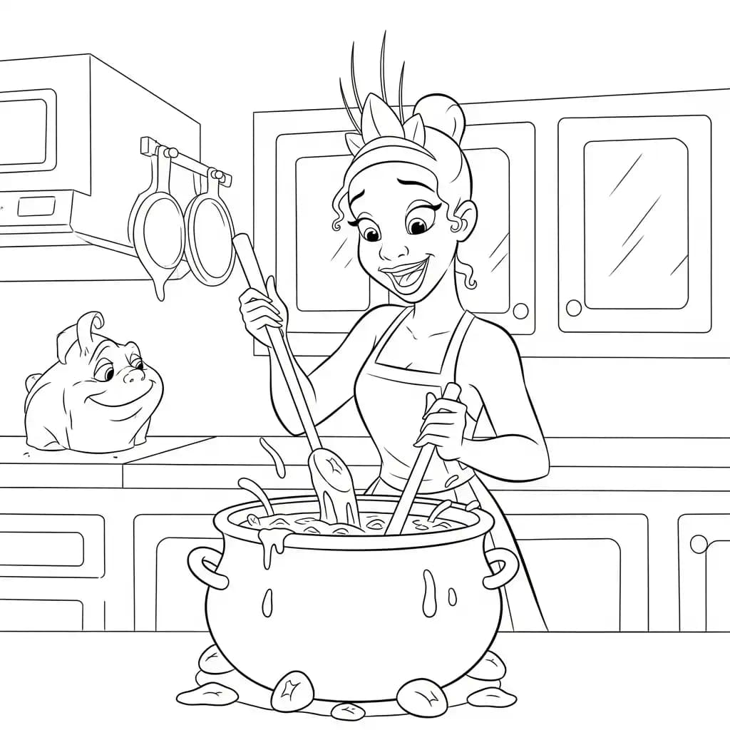 Desenho para colorir de A Princesa e o Sapo com cena encantada