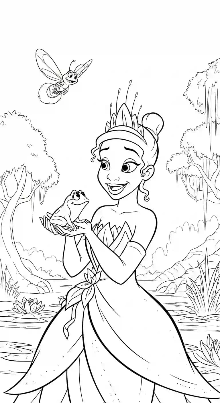 Desenho para colorir de A Princesa e o Sapo com cena encantada