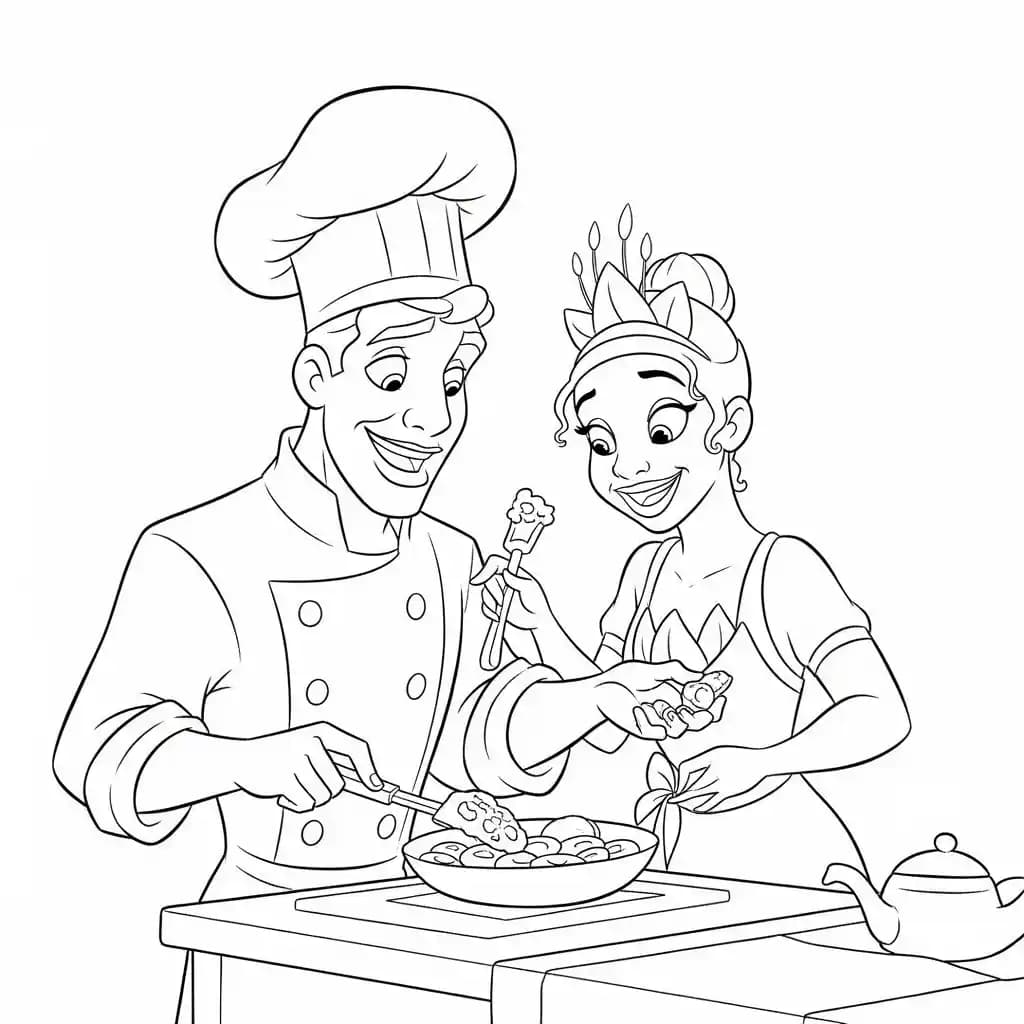 Desenho para colorir de A Princesa e o Sapo com cena encantada
